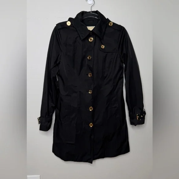MICHAEL Michael Kors Black Trench Coat Size Small Gold Button Down Hooded - Picture 2 of 13